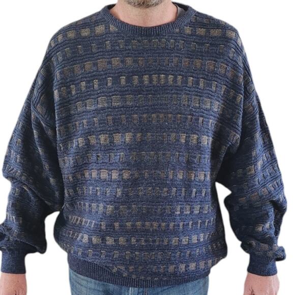 Vintage 90s Gianfranco Ruffini Blue Geometric Retro Long Sleeve Sweater Men XL - Picture 1 of 5